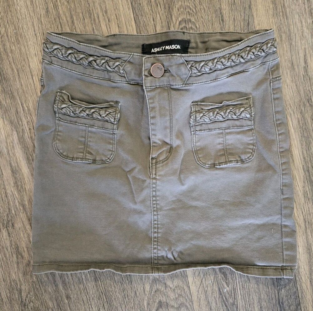 Ashley Mason Cargo Micro Mini Utility Skirt Khaki brown Cotton Y2K Pockets Large
